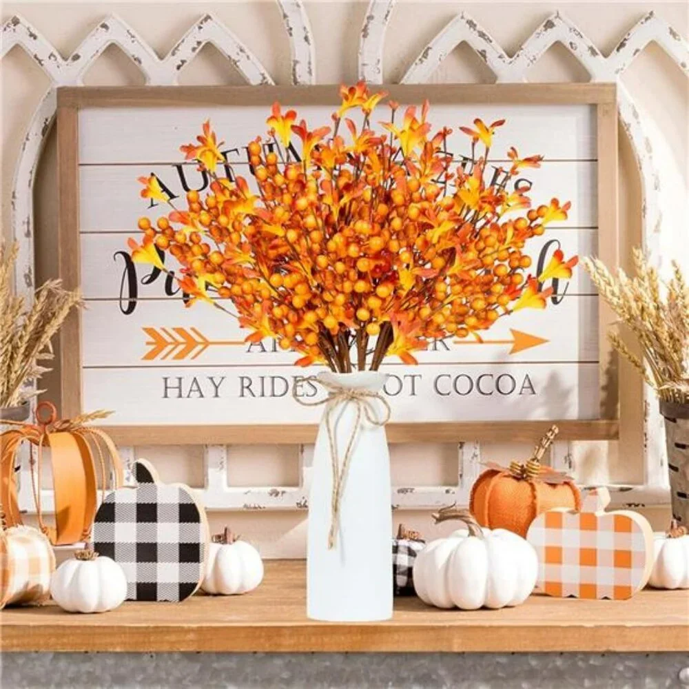 8pcs artificial fall flowers orange berry stems thanksgiving autumn vase centerp